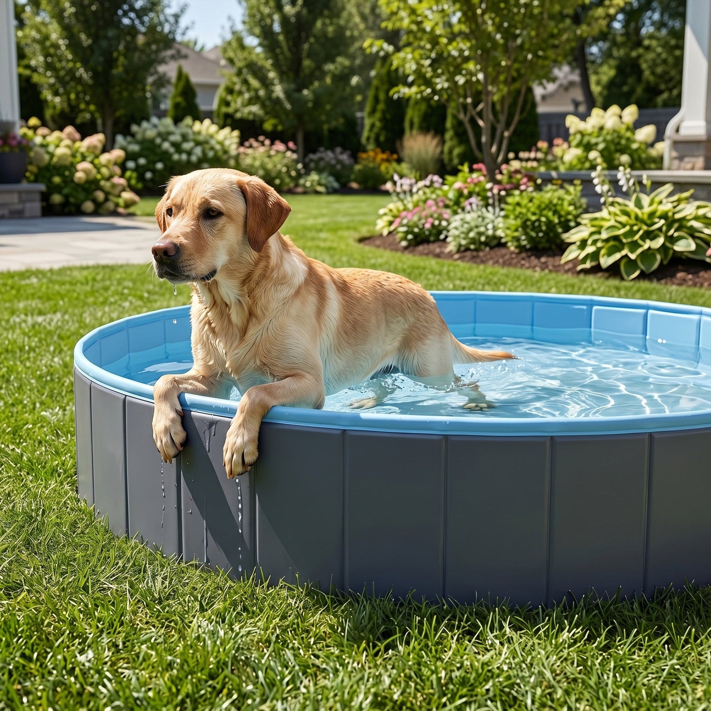 Foldable Dog Pool for Puppies and Ducks, Thickened PVC Dog Paddling Pool Bath Tub Hard Board, Anti-Slip Bottom and Hose Adapter for Easy Drainage, 140 x 30cm, Blue and Dark Grey