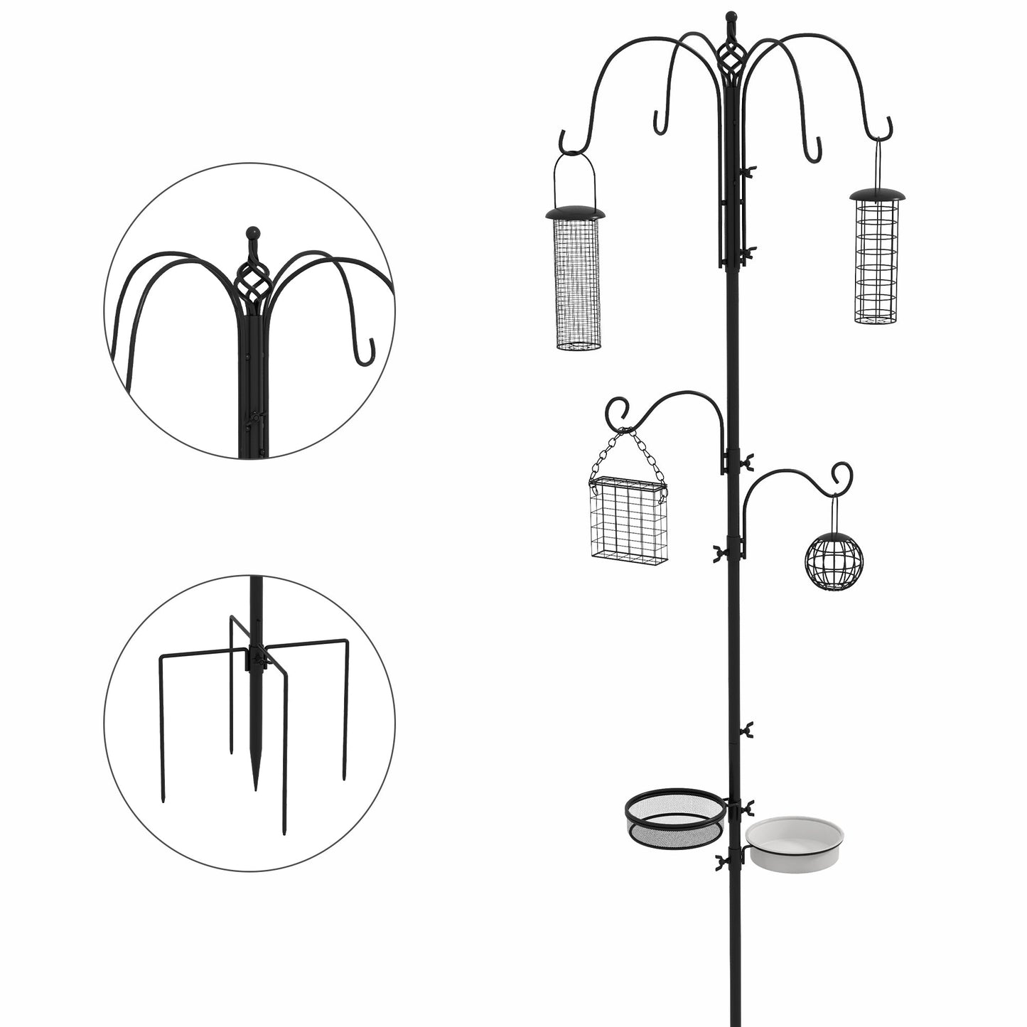 Bird Feeding Station Kit, Wild Bird Feeder Pole with 6 Hooks, 4 Hanging Feeders for Peanuts, Seed, Fat Balls, for Garden, Outdoor, Black