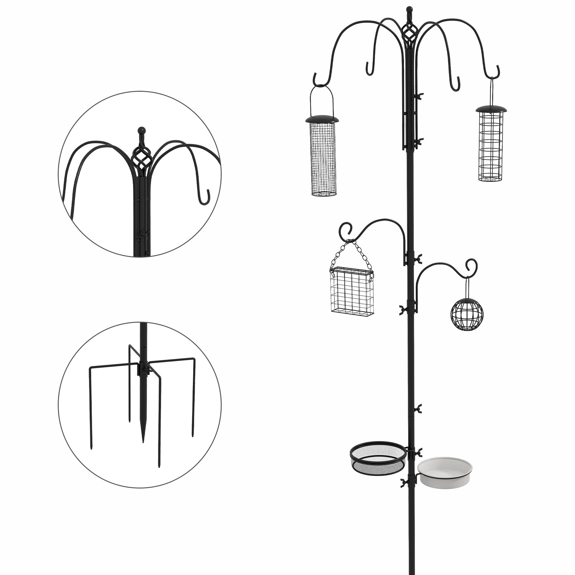 Bird Feeding Station Kit, Wild Bird Feeder Pole with 6 Hooks, 4 Hanging Feeders for Peanuts, Seed, Fat Balls, for Garden, Outdoor, Black