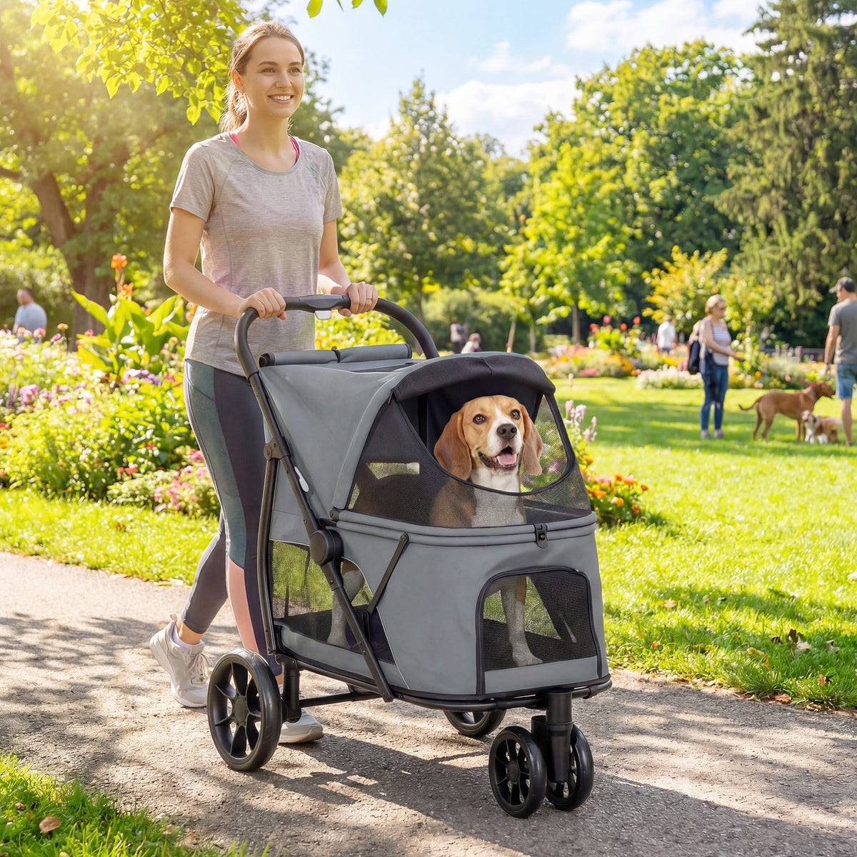 Dog Stroller, 3 Wheels Pet Stroller with Dual Entry, Easy One-Click Quick Fold, Mesh Windows, Washable Cushion, Pet Travel Buggy for Small and Medium Dogs and Cats, Grey