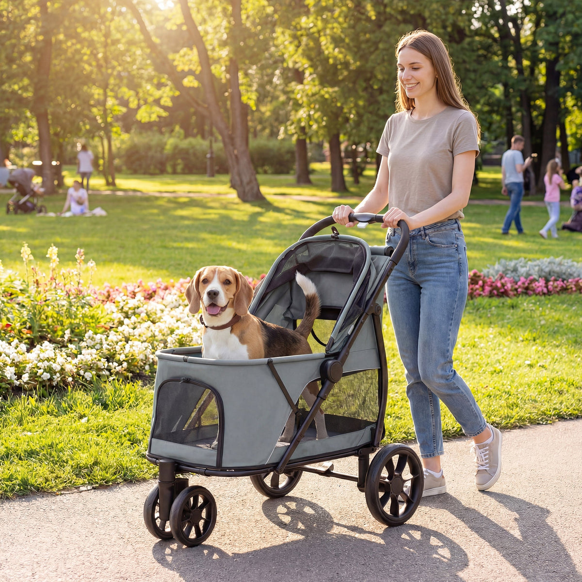 Dog Stroller, 3 Wheels Pet Stroller with Dual Entry, Easy One-Click Quick Fold, Mesh Windows, Washable Cushion, Pet Travel Buggy for Small and Medium Dogs and Cats, Grey