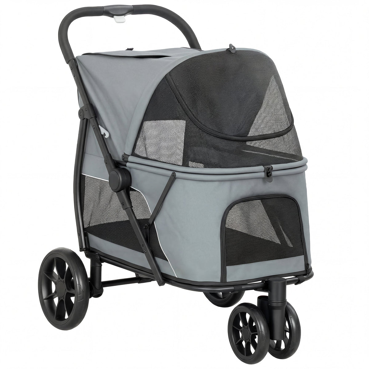 Dog Stroller, 3 Wheels Pet Stroller with Dual Entry, Easy One-Click Quick Fold, Mesh Windows, Washable Cushion, Pet Travel Buggy for Small and Medium Dogs and Cats, Grey