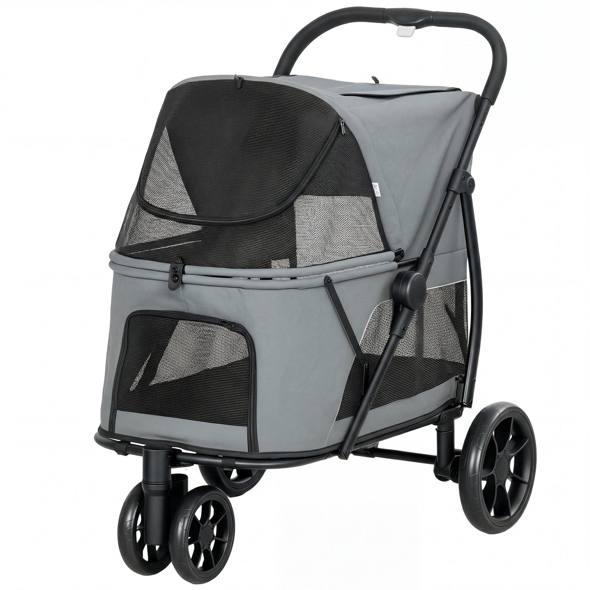 Dog Stroller, 3 Wheels Pet Stroller with Dual Entry, Easy One-Click Quick Fold, Mesh Windows, Washable Cushion, Pet Travel Buggy for Small and Medium Dogs and Cats, Grey