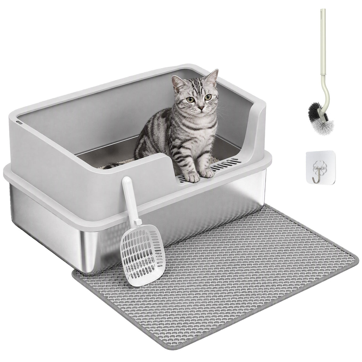 XL Stainless Steel Cat Litter Tray with Lid, High Sided Cat Litter Box with Scoop and Mat for Kittens up to 8 kg, Anti-Spillage, Odor Resistant and Easy to Clean, Light Grey