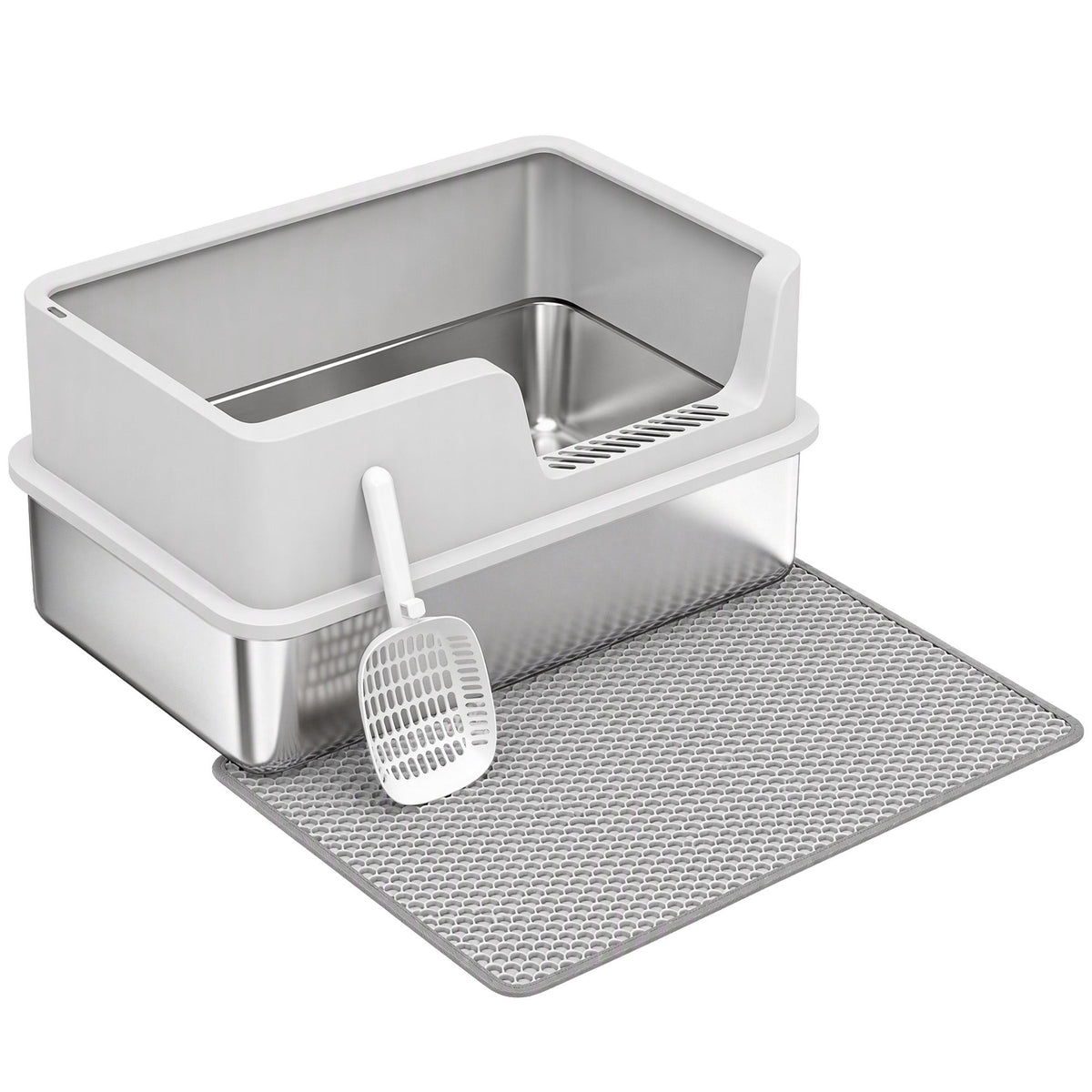 XL Stainless Steel Cat Litter Tray with Lid, High Sided Cat Litter Box with Scoop and Mat for Kittens up to 8 kg, Anti-Spillage, Odor Resistant and Easy to Clean, Light Grey
