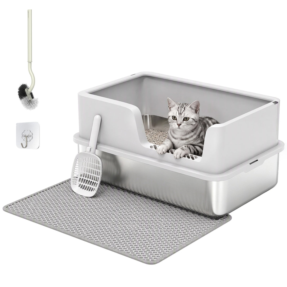 XL Stainless Steel Cat Litter Tray with Lid, High Sided Cat Litter Box with Scoop and Mat for Kittens up to 8 kg, Anti-Spillage, Odor Resistant and Easy to Clean, Light Grey