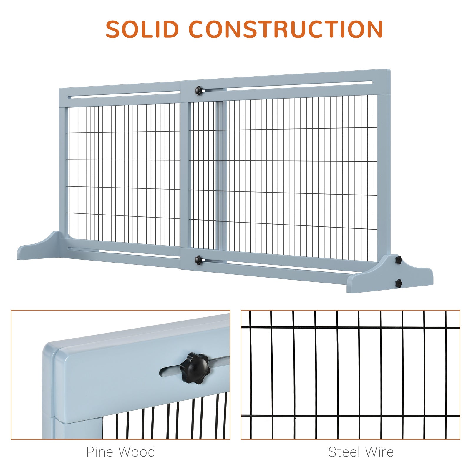 Freestanding Dog Gate, Foldable Pet Fence, Indoor Wood Barrier, Stair Gate with Support Feet, for Doorway, Hallway, Small and Medium Dogs, 69H x 104-183 cm, Blue-grey