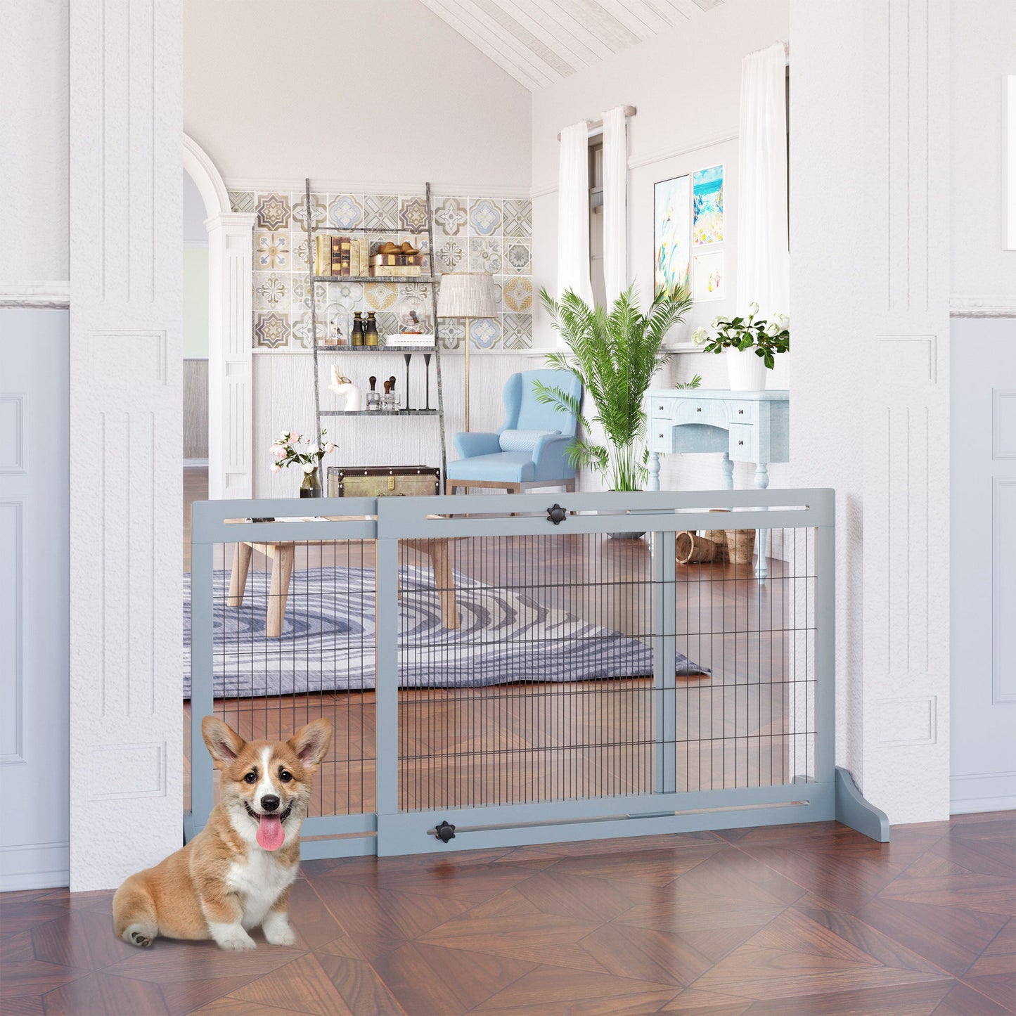 Freestanding Dog Gate, Foldable Pet Fence, Indoor Wood Barrier, Stair Gate with Support Feet, for Doorway, Hallway, Small and Medium Dogs, 69H x 104-183 cm, Blue-grey