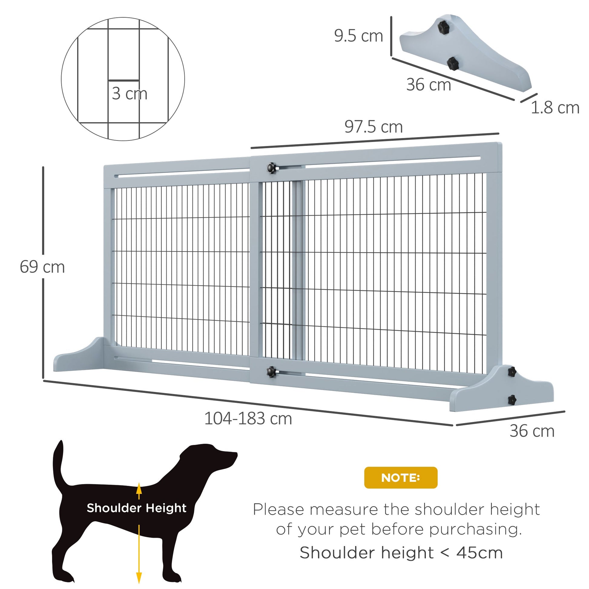 Freestanding Dog Gate, Foldable Pet Fence, Indoor Wood Barrier, Stair Gate with Support Feet, for Doorway, Hallway, Small and Medium Dogs, 69H x 104-183 cm, Blue-grey