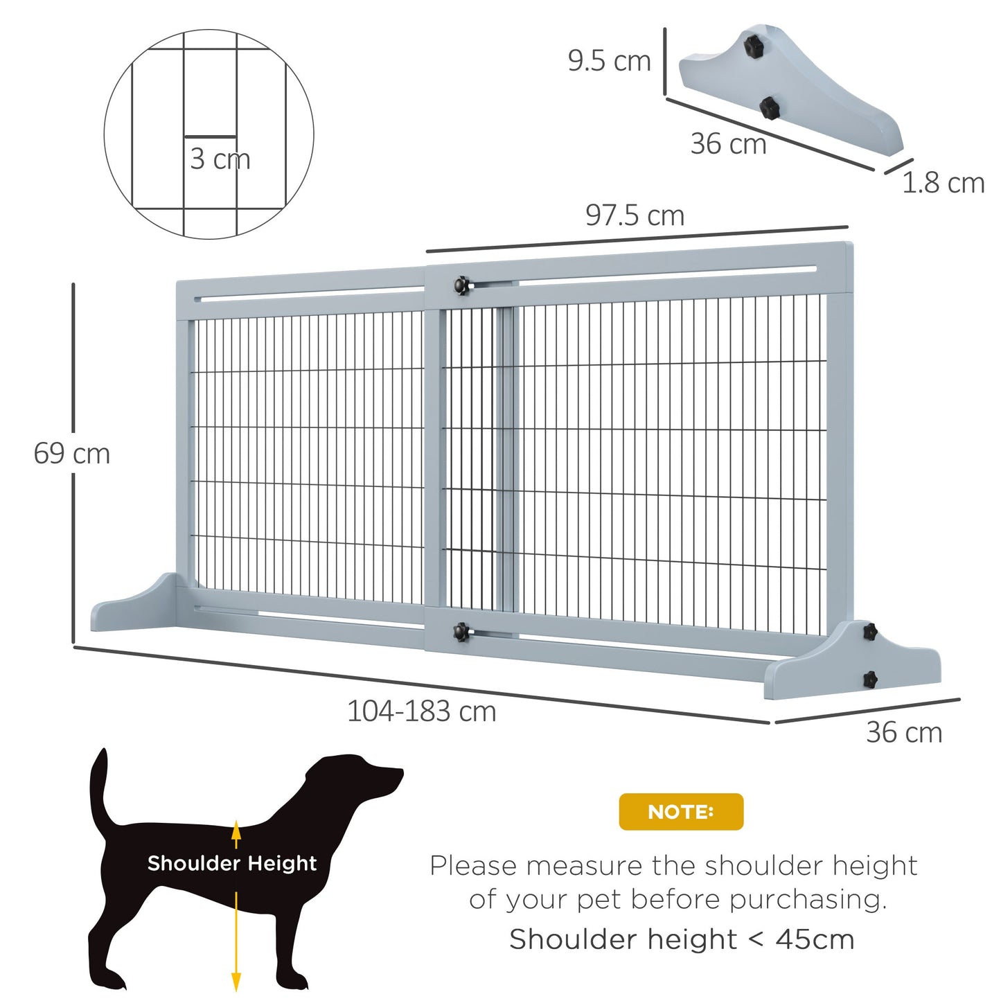 Freestanding Dog Gate, Foldable Pet Fence, Indoor Wood Barrier, Stair Gate with Support Feet, for Doorway, Hallway, Small and Medium Dogs, 69H x 104-183 cm, Blue-grey