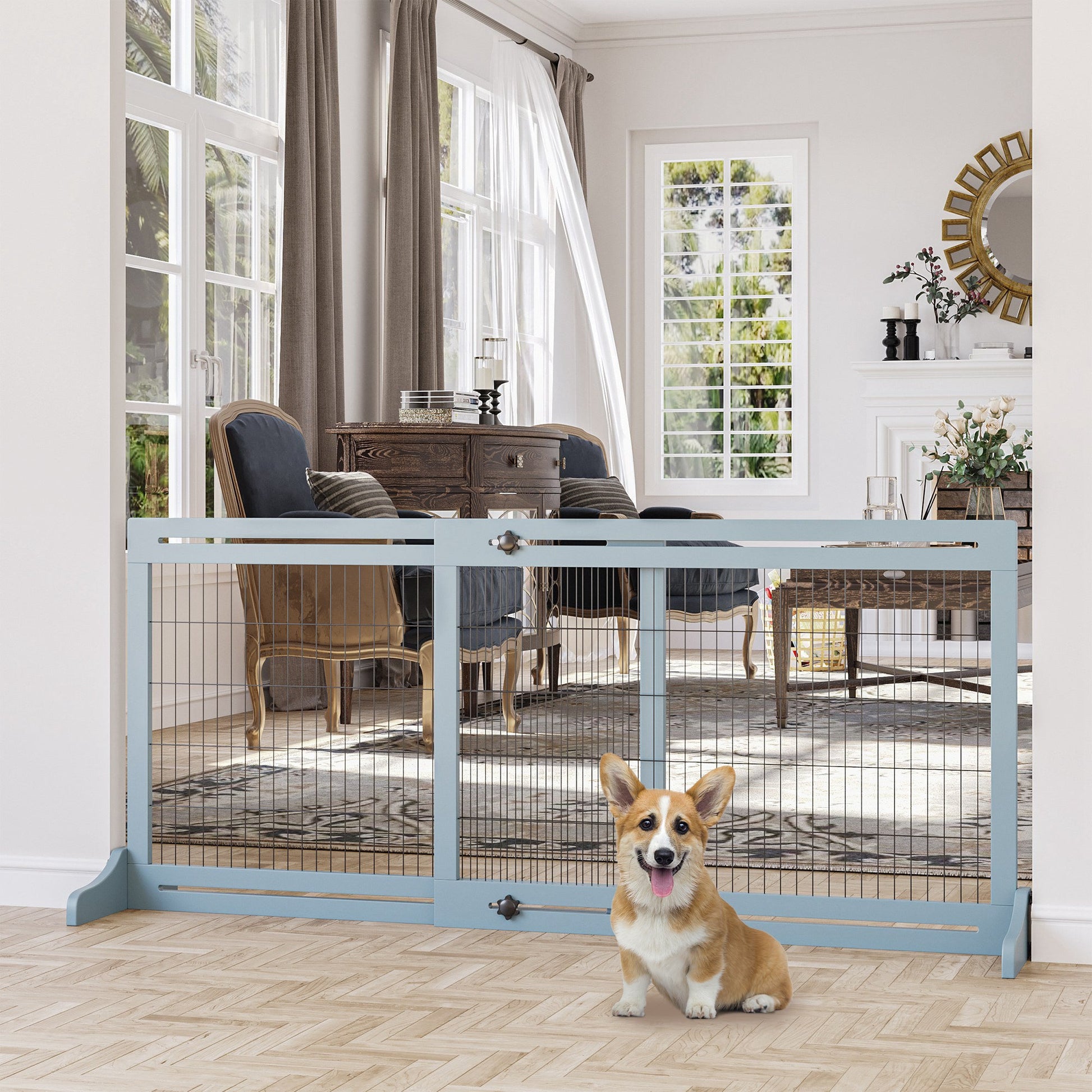 Freestanding Dog Gate, Foldable Pet Fence, Indoor Wood Barrier, Stair Gate with Support Feet, for Doorway, Hallway, Small and Medium Dogs, 69H x 104-183 cm, Blue-grey
