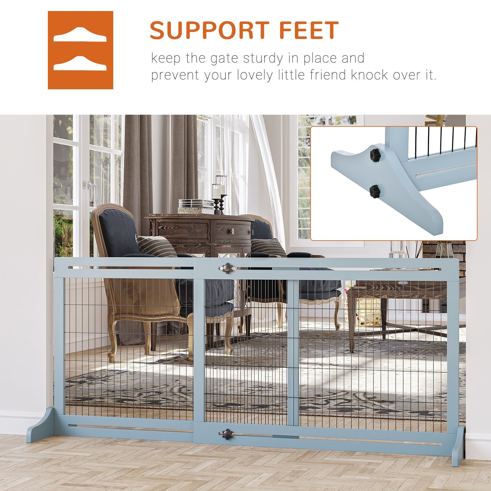Freestanding Dog Gate, Foldable Pet Fence, Indoor Wood Barrier, Stair Gate with Support Feet, for Doorway, Hallway, Small and Medium Dogs, 69H x 104-183 cm, Blue-grey