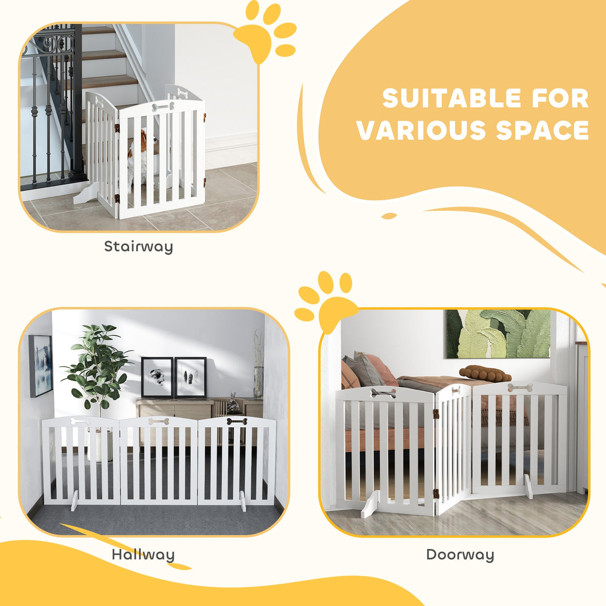 Wooden Dog Gate, Freestanding Pet Gate with Support Feet for Doorways, Hallways, Stairs, 3-Panel Pet Fence for Small Medium Dogs, 155L x 61H cm, White