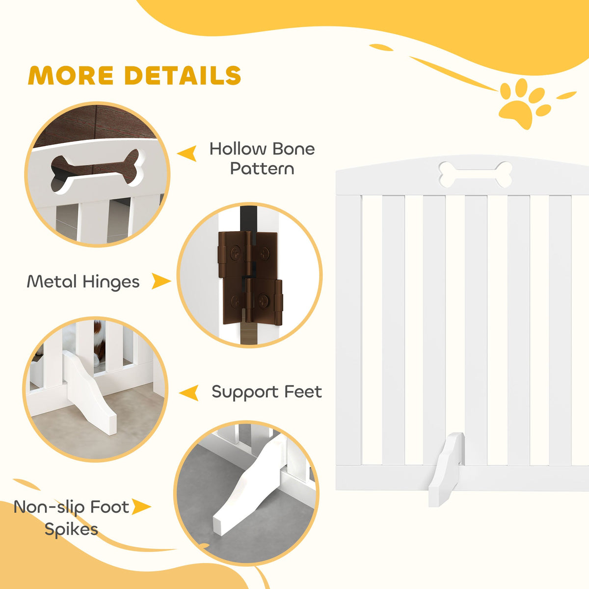 Wooden Dog Gate, Freestanding Pet Gate with Support Feet for Doorways, Hallways, Stairs, 3-Panel Pet Fence for Small Medium Dogs, 155L x 61H cm, White