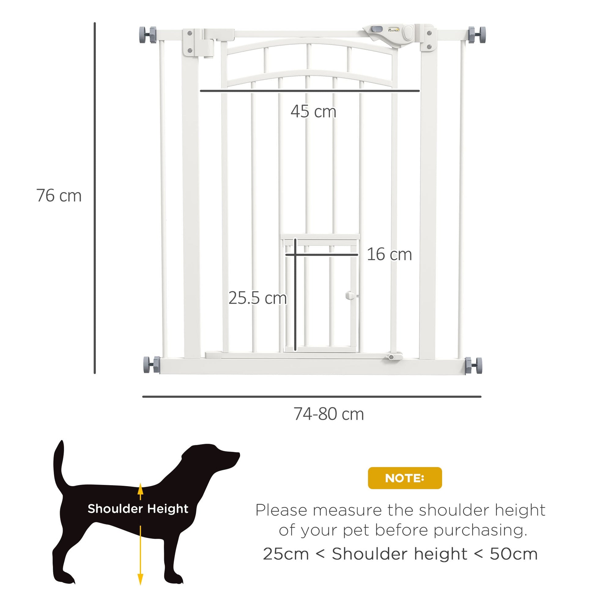 Stair Gate Dog Gate Pet Barrier Pressure Fit Safety Gate with Small Cat Door, Auto Closing System, Double Locking, Hallways, 74-80cm Openings - White