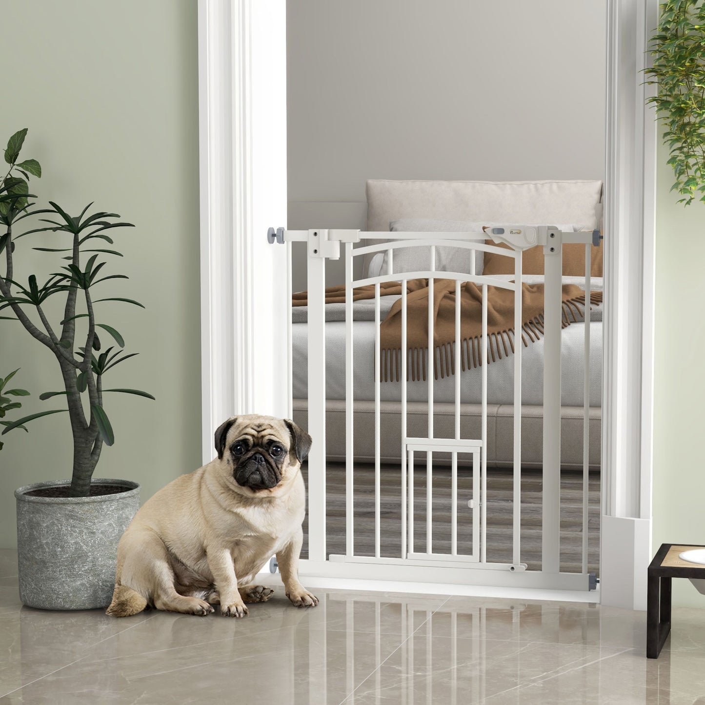 Stair Gate Dog Gate Pet Barrier Pressure Fit Safety Gate with Small Cat Door, Auto Closing System, Double Locking, Hallways, 74-80cm Openings - White