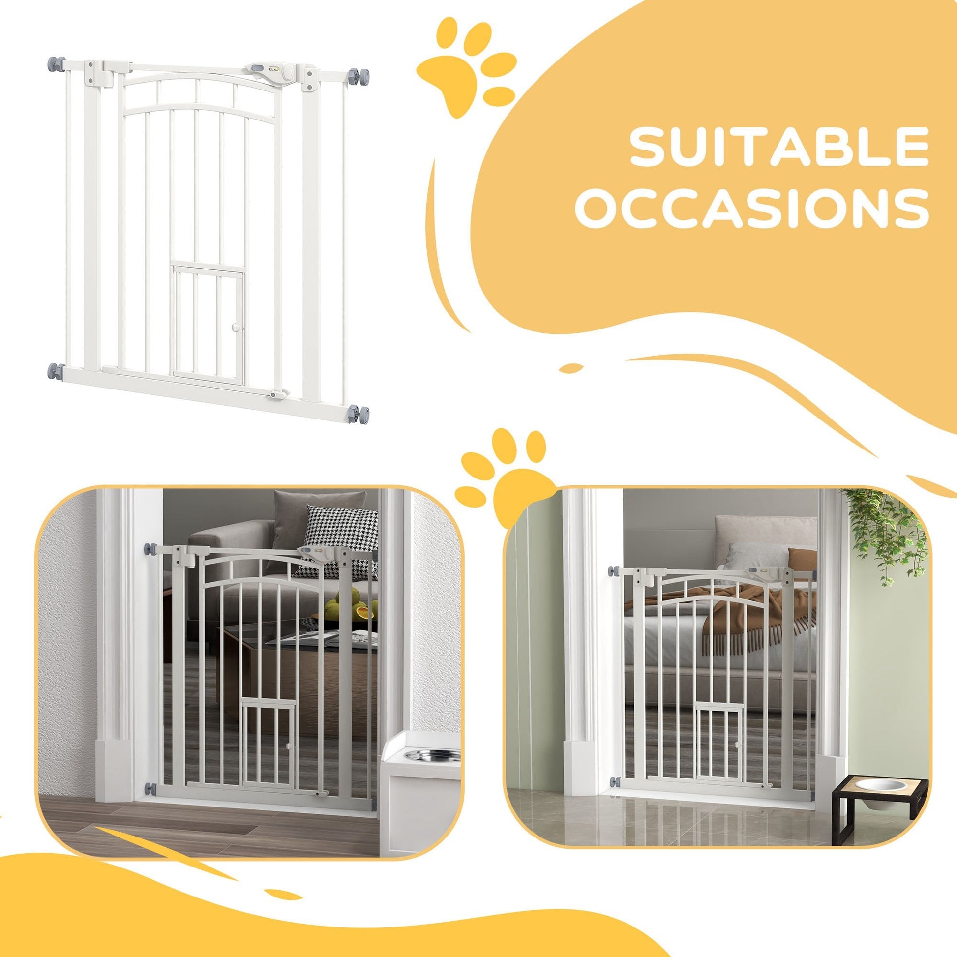 Stair Gate Dog Gate Pet Barrier Pressure Fit Safety Gate with Small Cat Door, Auto Closing System, Double Locking, Hallways, 74-80cm Openings - White