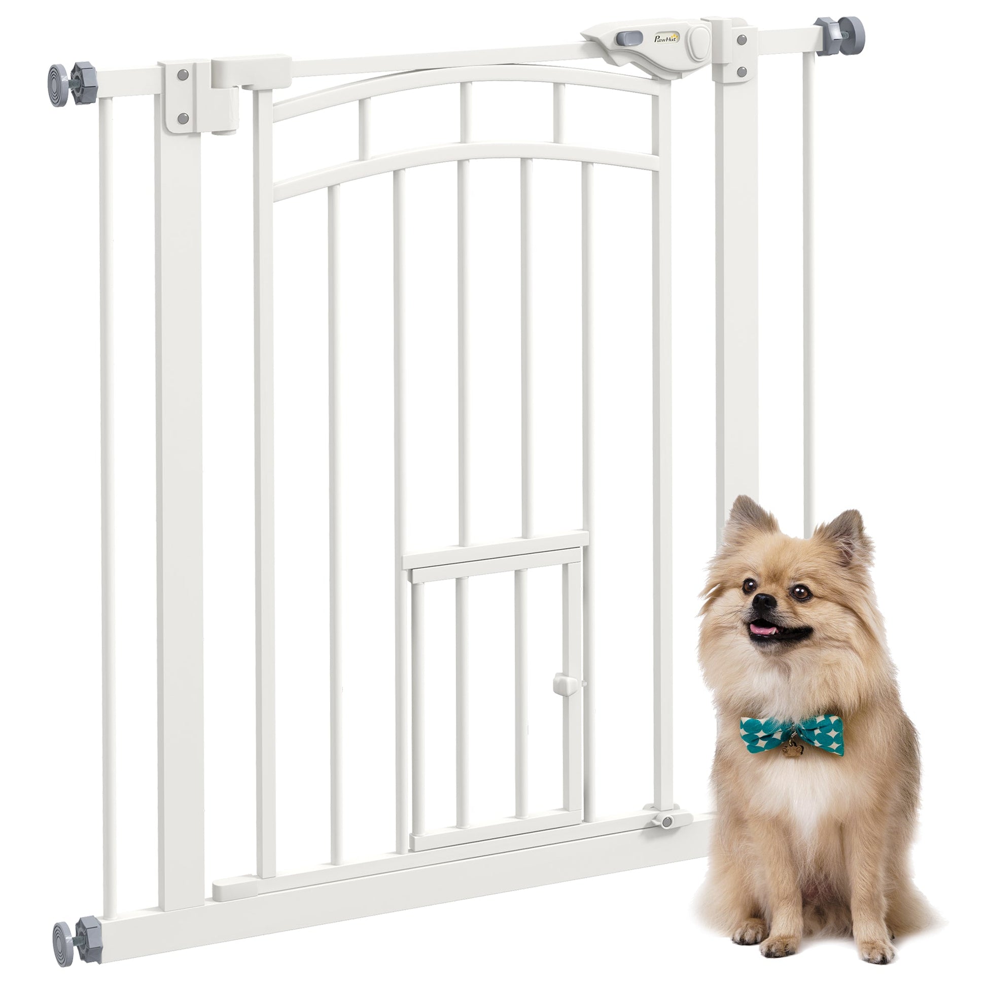 Stair Gate Dog Gate Pet Barrier Pressure Fit Safety Gate with Small Cat Door, Auto Closing System, Double Locking, Hallways, 74-80cm Openings - White