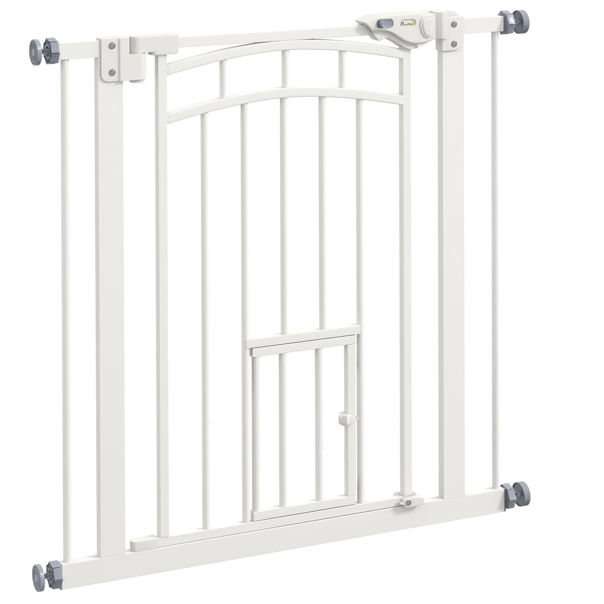 Stair Gate Dog Gate Pet Barrier Pressure Fit Safety Gate with Small Cat Door, Auto Closing System, Double Locking, Hallways, 74-80cm Openings - White