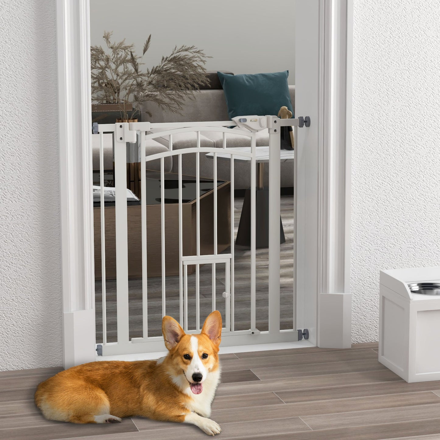 Stair Gate Dog Gate Pet Barrier Pressure Fit Safety Gate with Small Cat Door, Auto Closing System, Double Locking, Hallways, 74-80cm Openings - White