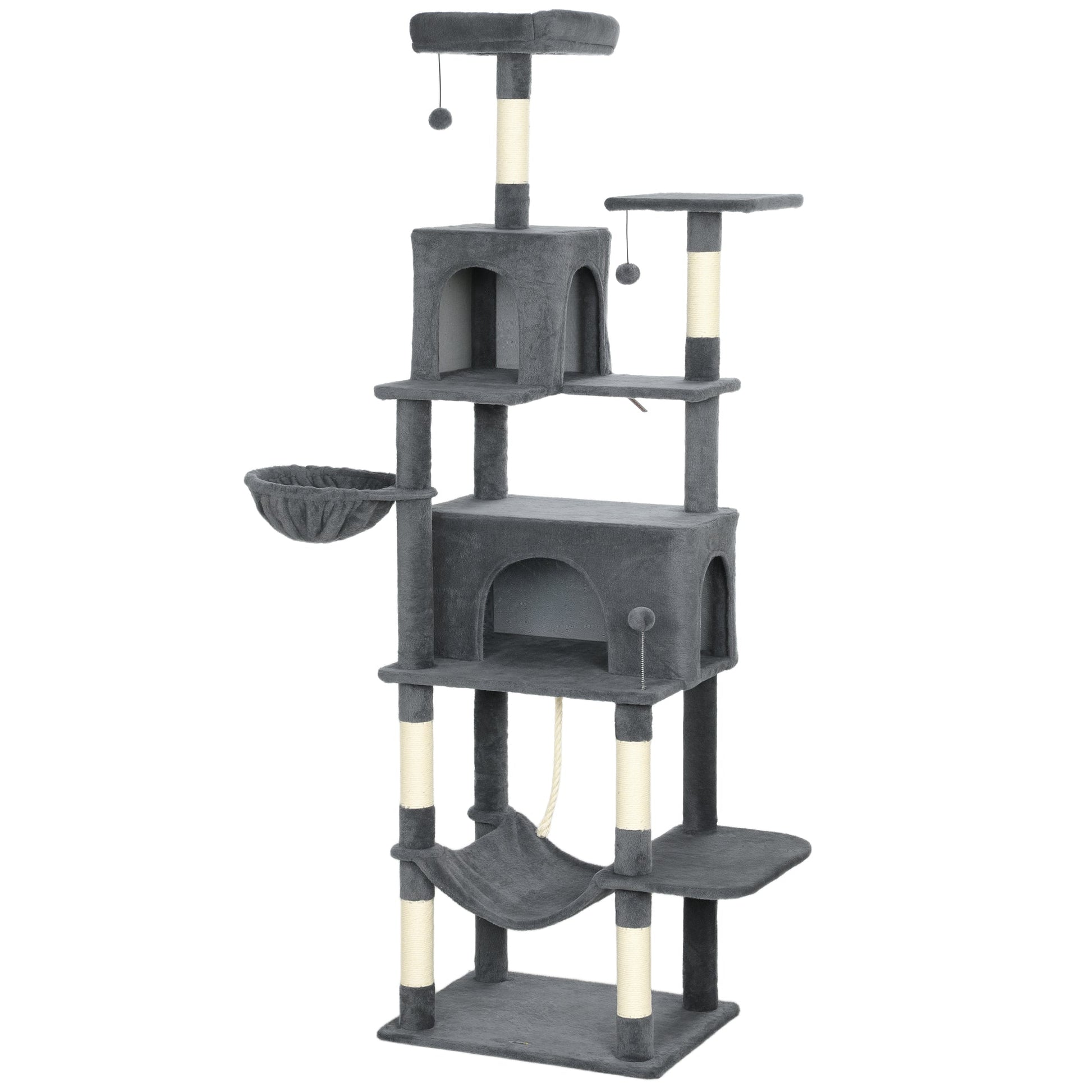 Cat Tree, 202cm Large Cat Tower for Indoor Kittens with 6 Scratching Posts, 2 Condos, 2 Perches, 2 Hammocks, Pompoms, Multi-Level Plush Kitty Activity Centre for Rest and Play, Dark Grey