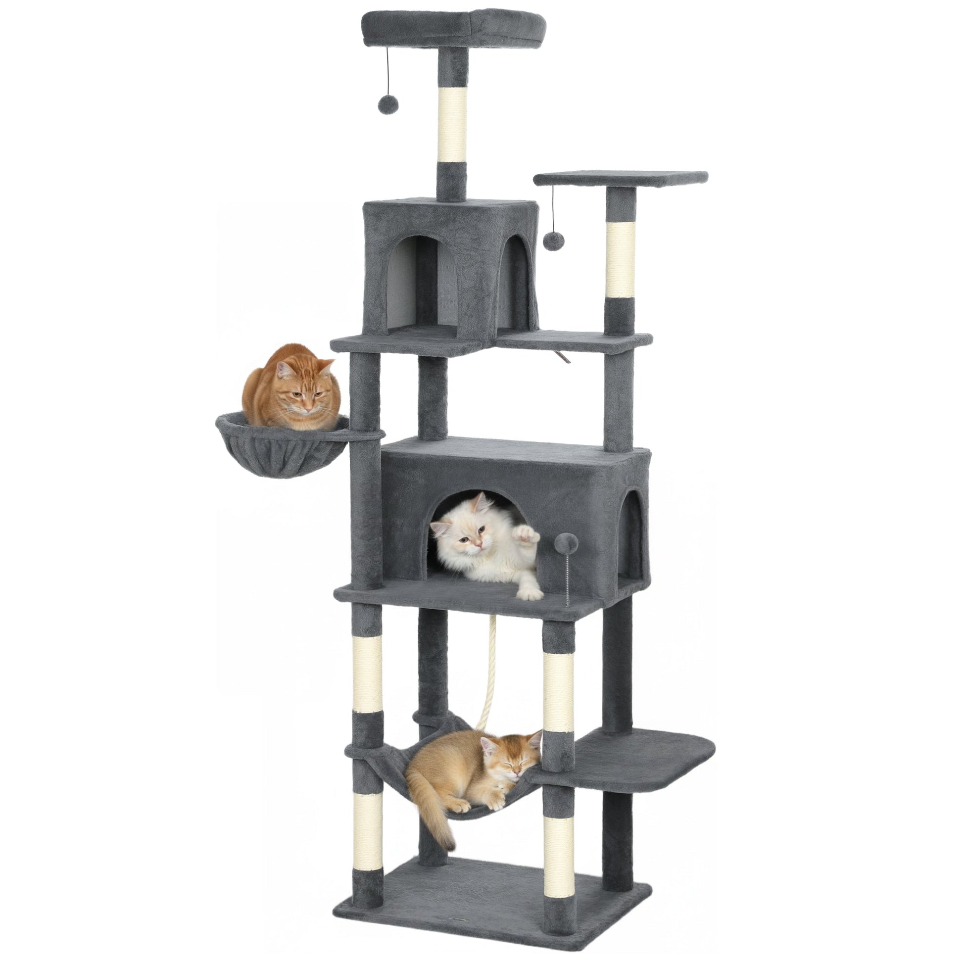 Cat Tree, 202cm Large Cat Tower for Indoor Kittens with 6 Scratching Posts, 2 Condos, 2 Perches, 2 Hammocks, Pompoms, Multi-Level Plush Kitty Activity Centre for Rest and Play, Dark Grey