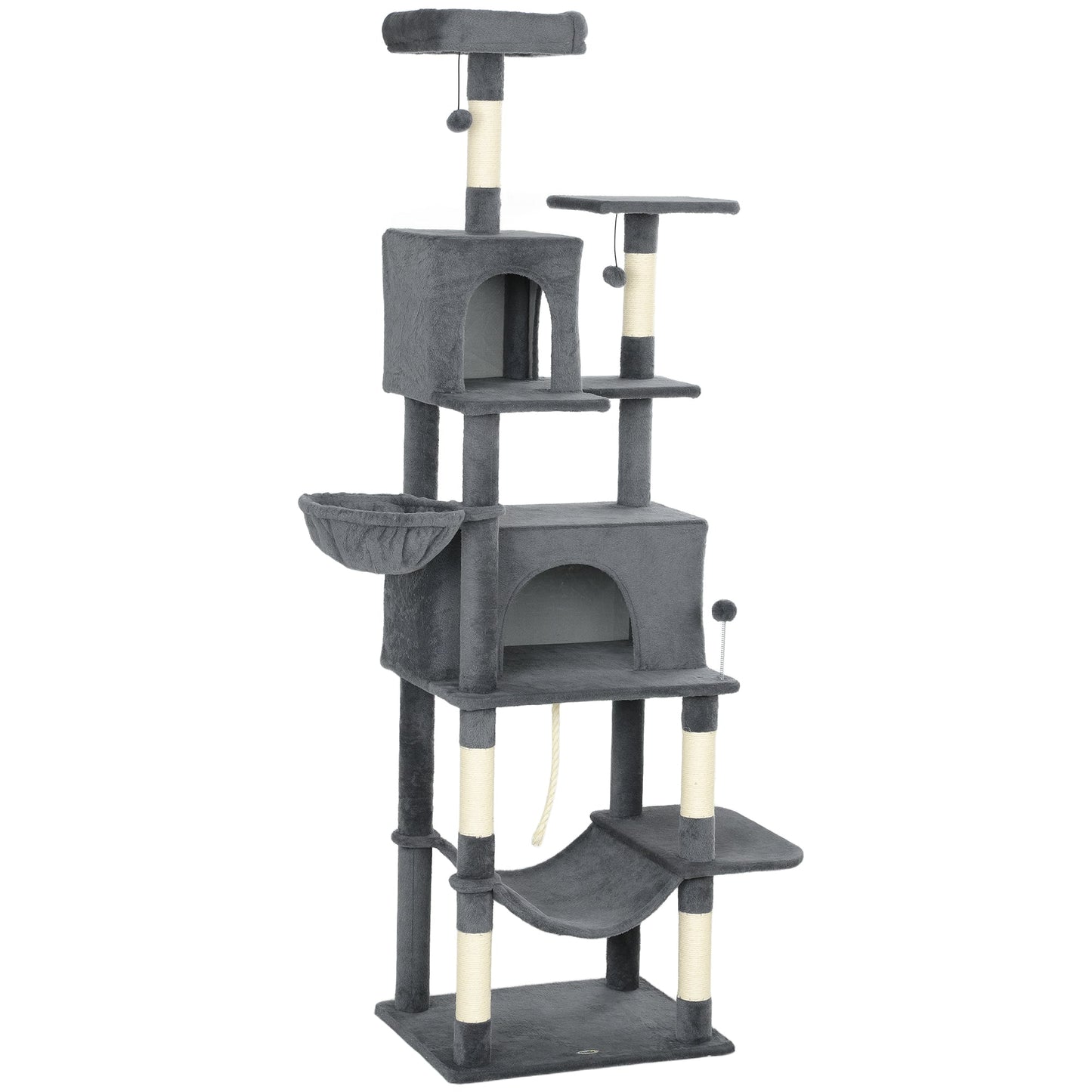 Cat Tree, 202cm Large Cat Tower for Indoor Kittens with 6 Scratching Posts, 2 Condos, 2 Perches, 2 Hammocks, Pompoms, Multi-Level Plush Kitty Activity Centre for Rest and Play, Dark Grey