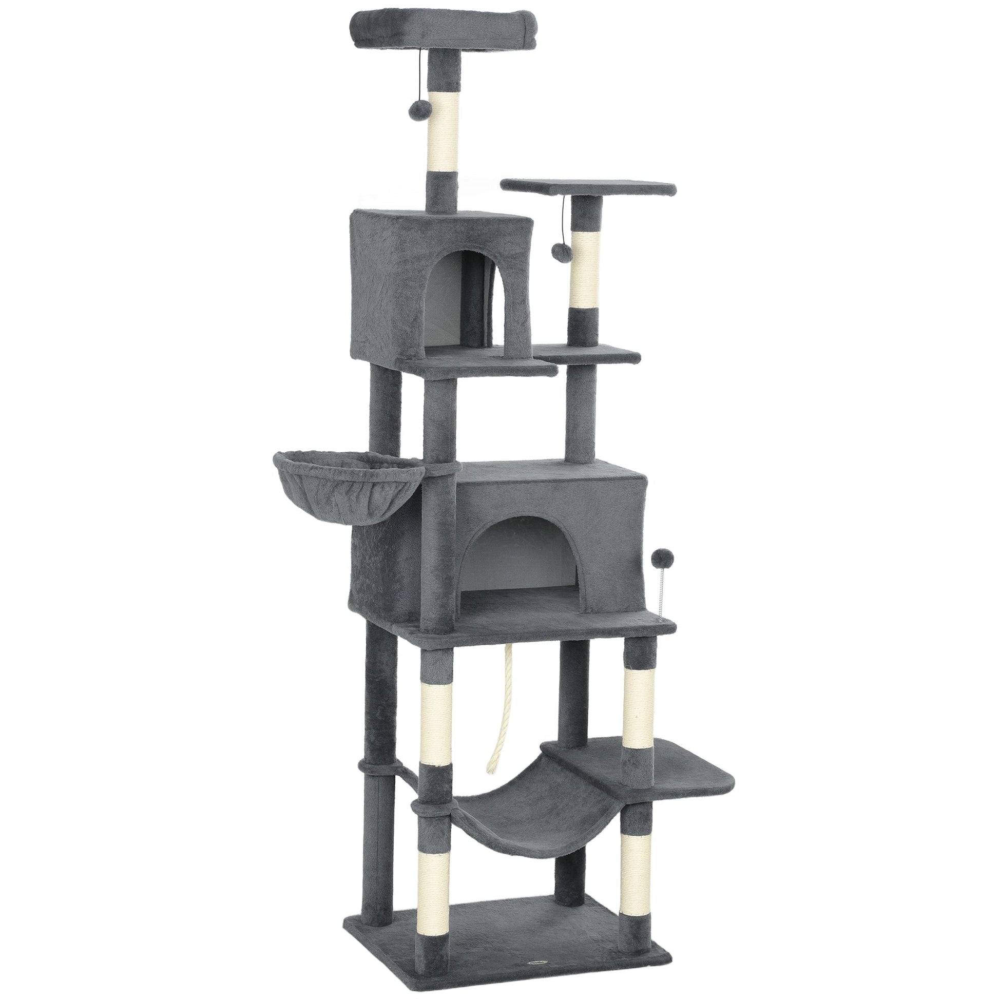 Cat Tree, 202cm Large Cat Tower for Indoor Kittens with 6 Scratching Posts, 2 Condos, 2 Perches, 2 Hammocks, Pompoms, Multi-Level Plush Kitty Activity Centre for Rest and Play, Dark Grey