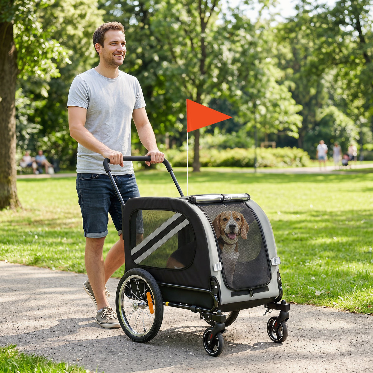Dog Bike Trailer, 2 in 1 Foldable Pet Stroller Security Harness, Reflectors, Quick Release Wheels, Flag, for Medium Dogs, Grey