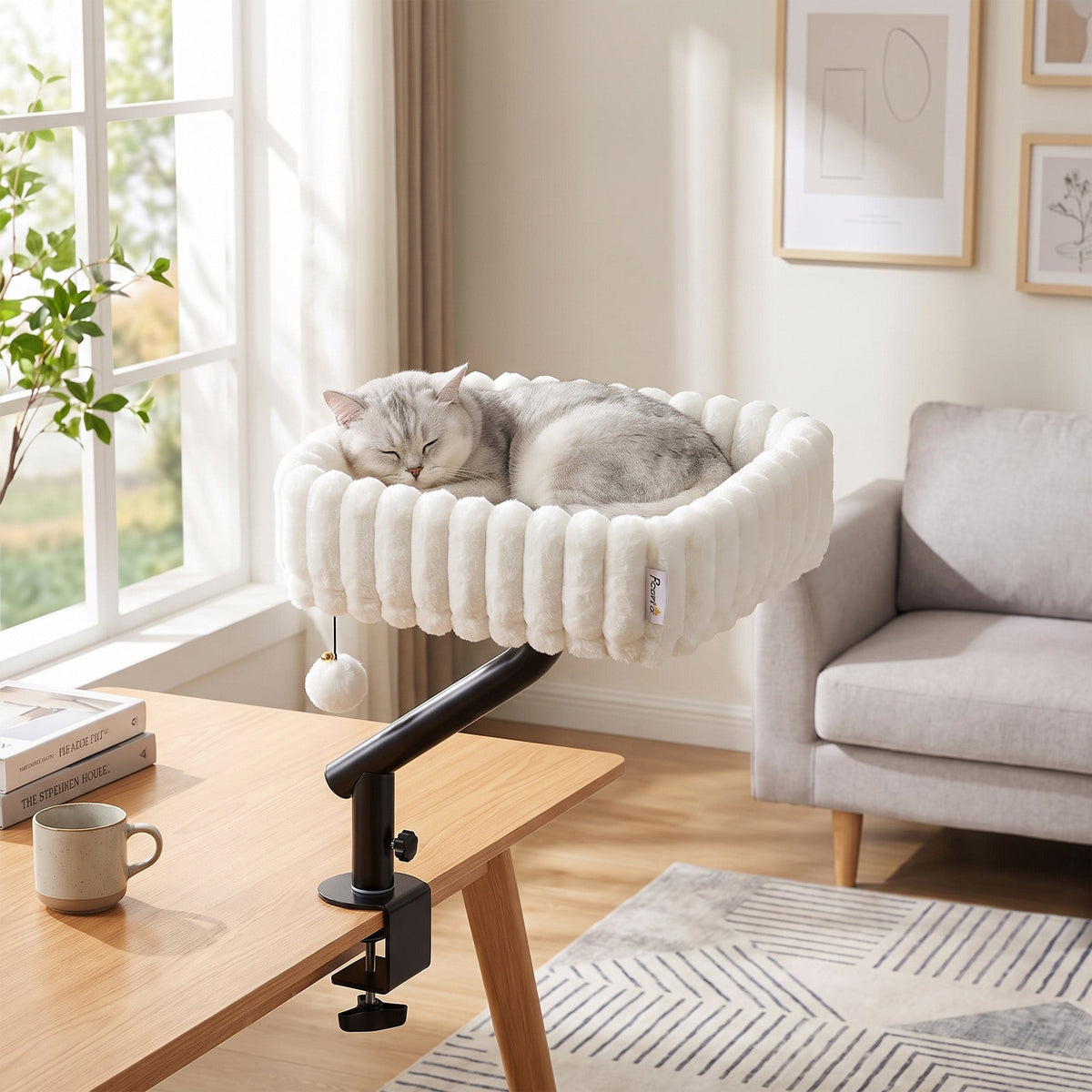 Cat Desk Bed, 360° Rotatable Raised Cat House for Desk and Window, Soft Kitten Hammock with Hanging Ball, Adjustable Clamp for Indoor Kittens, White