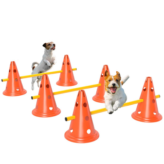 Dog Agility Set, Portable Pet Jump Training Equipment Kit for Six Cones, Six Poles with Carry Bag, Three-Piece Adjustable Height Jumping Obstacles, Orange