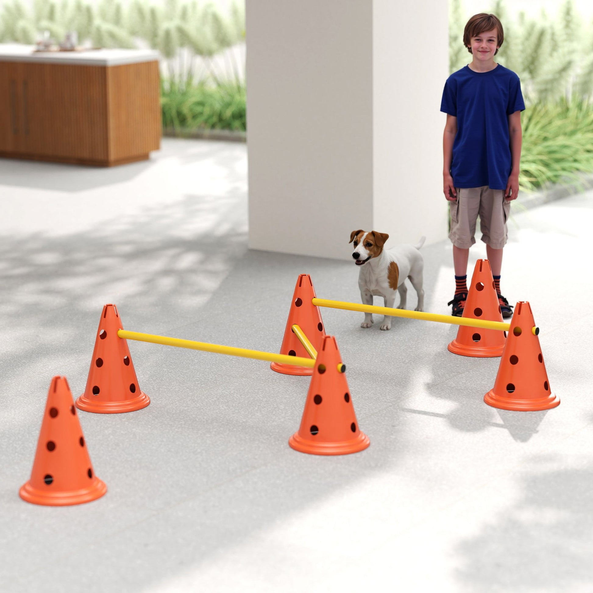 Dog Agility Set, Portable Pet Jump Training Equipment Kit for Six Cones, Six Poles with Carry Bag, Three-Piece Adjustable Height Jumping Obstacles, Orange