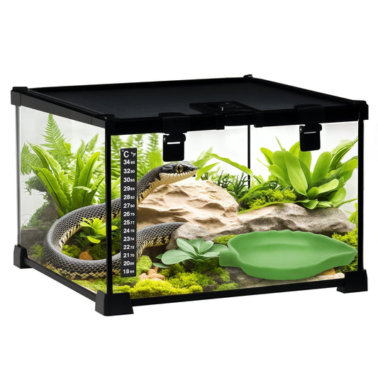 Glass Reptile Terrarium Insect Breeding Tank Vivarium Habitats with Thermometer for Lizards, Horned Frogs, Snakes, Spiders - Small 30 x 30 x 20cm