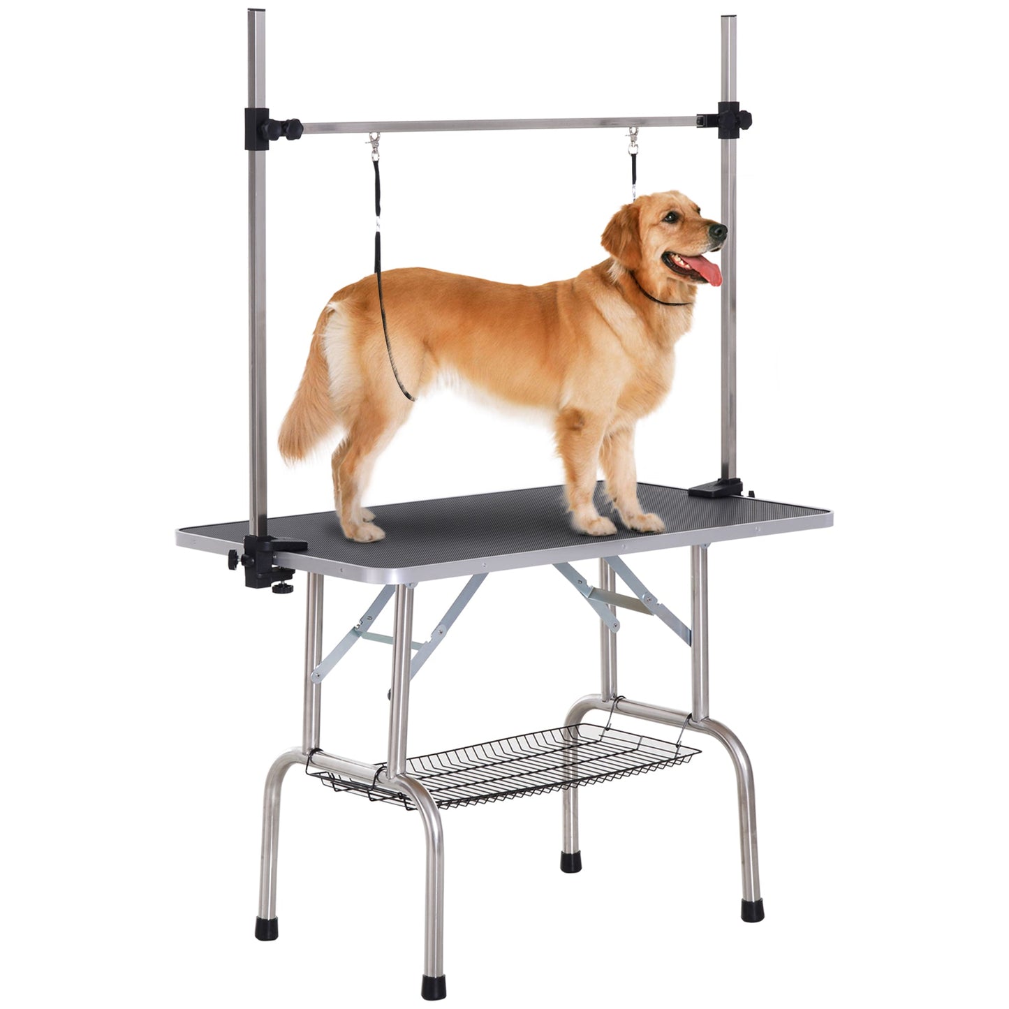 42" Foldable Dog Grooming Table Adjustable Pet Cat Drying Beauty Table Rubber Top with 2 Loops Storage Basket Metal Black