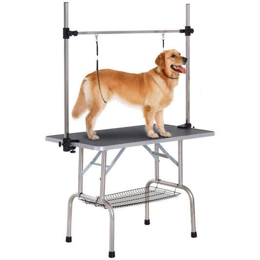 42" Foldable Dog Grooming Table Adjustable Pet Cat Drying Beauty Table Rubber Top with 2 Loops Storage Basket Metal Black