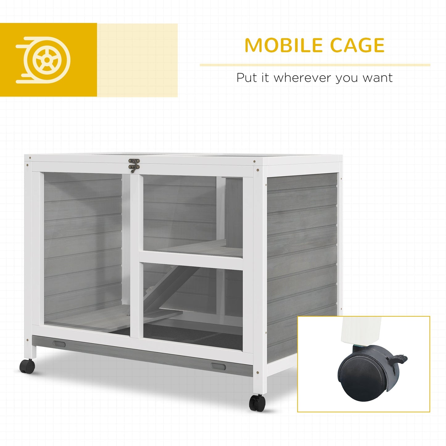 Rabbit Hutch Indoor Wooden Guinea Pig House Hamster Cage with Wheels, 2 Layers Bunny Cage with Openable Roof, 91.5 x 53.3 x 73 cm, Grey
