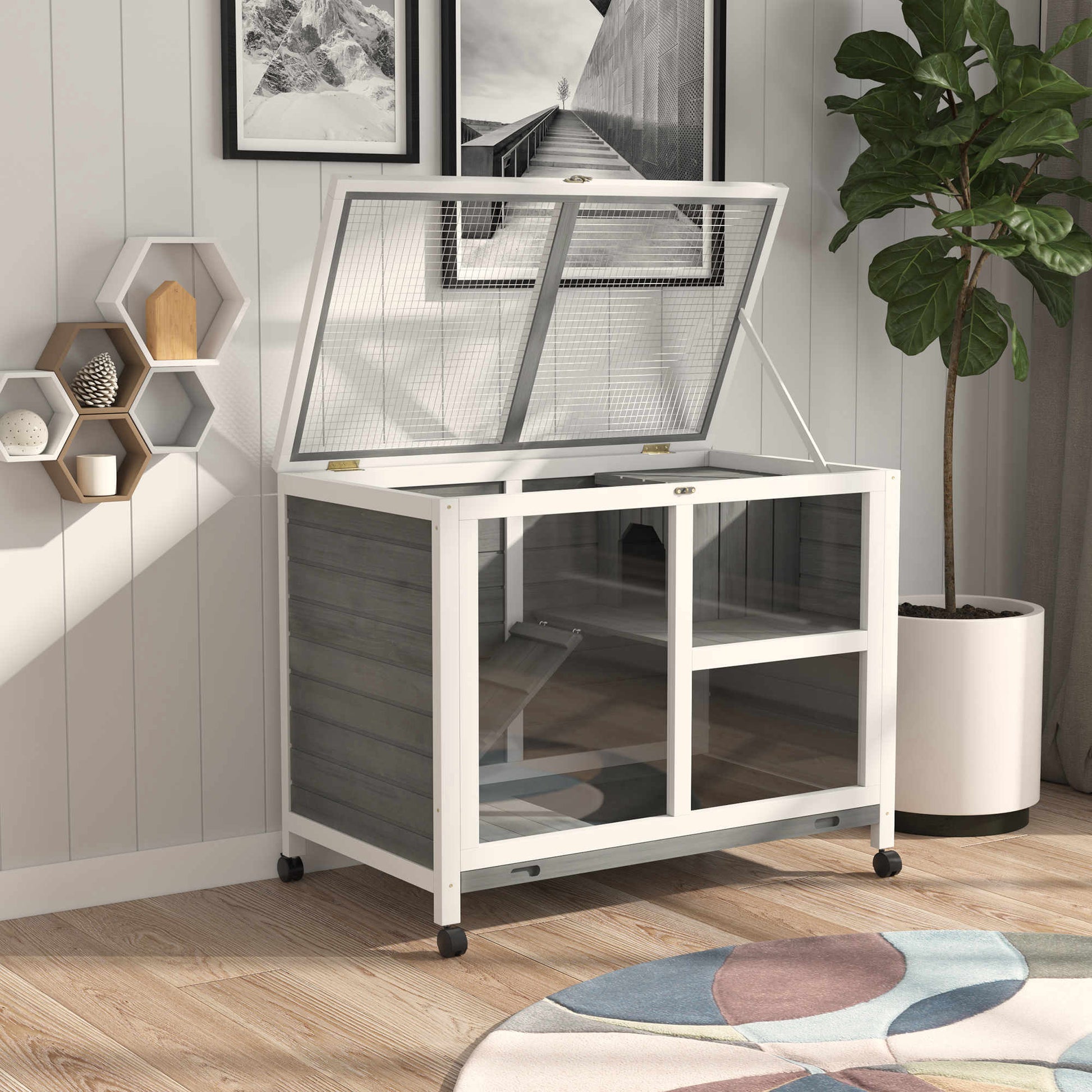 Rabbit Hutch Indoor Wooden Guinea Pig House Hamster Cage with Wheels, 2 Layers Bunny Cage with Openable Roof, 91.5 x 53.3 x 73 cm, Grey