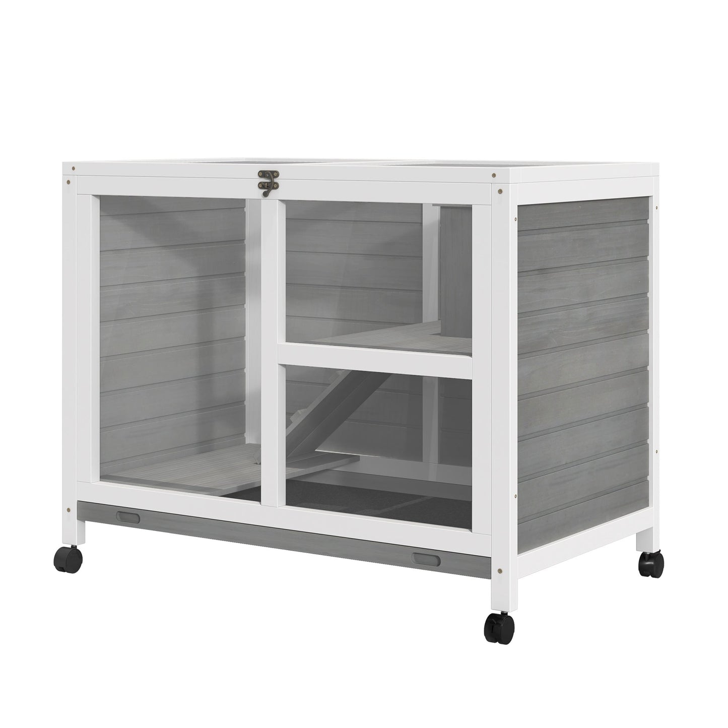 Rabbit Hutch Indoor Wooden Guinea Pig House Hamster Cage with Wheels, 2 Layers Bunny Cage with Openable Roof, 91.5 x 53.3 x 73 cm, Grey