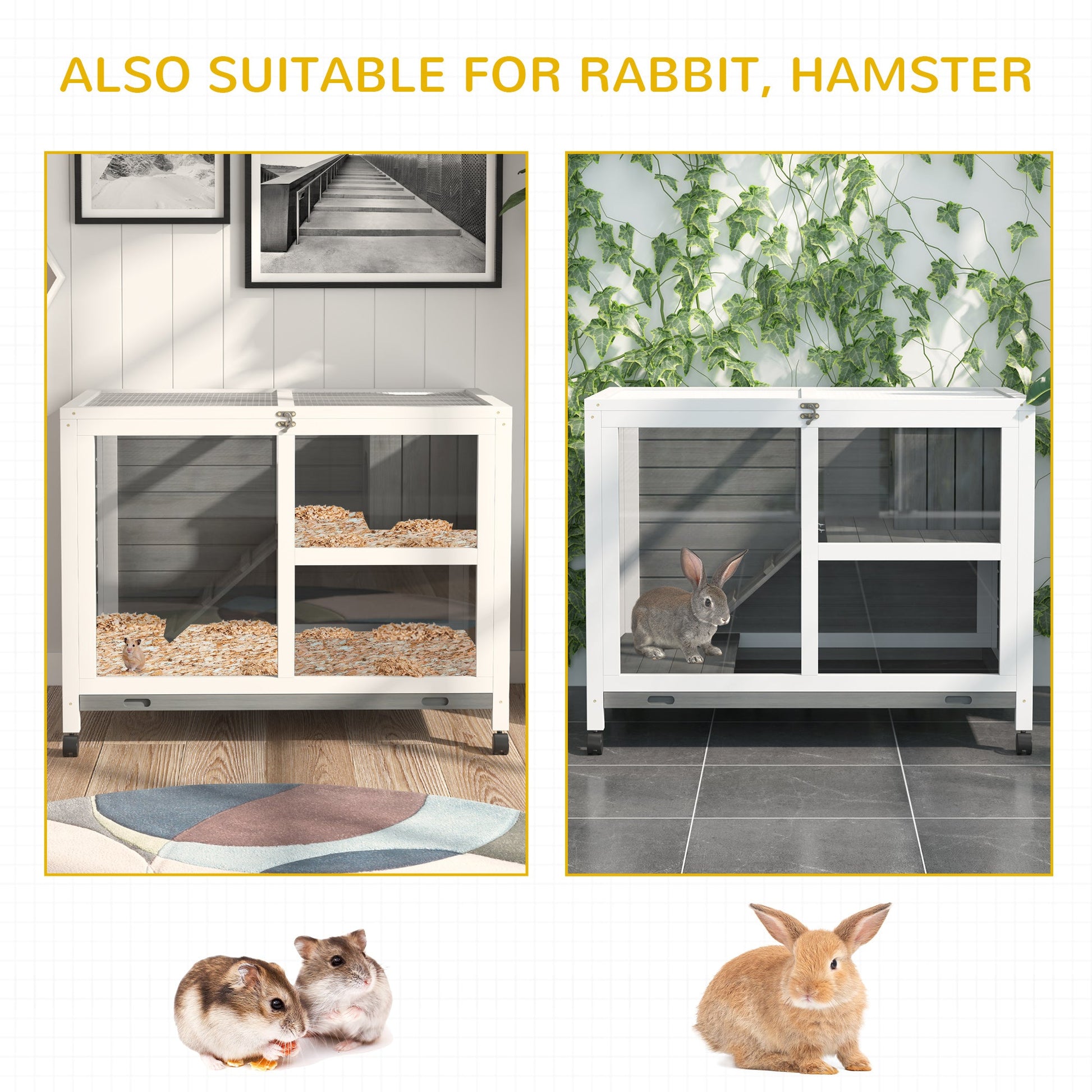 Rabbit Hutch Indoor Wooden Guinea Pig House Hamster Cage with Wheels, 2 Layers Bunny Cage with Openable Roof, 91.5 x 53.3 x 73 cm, Grey