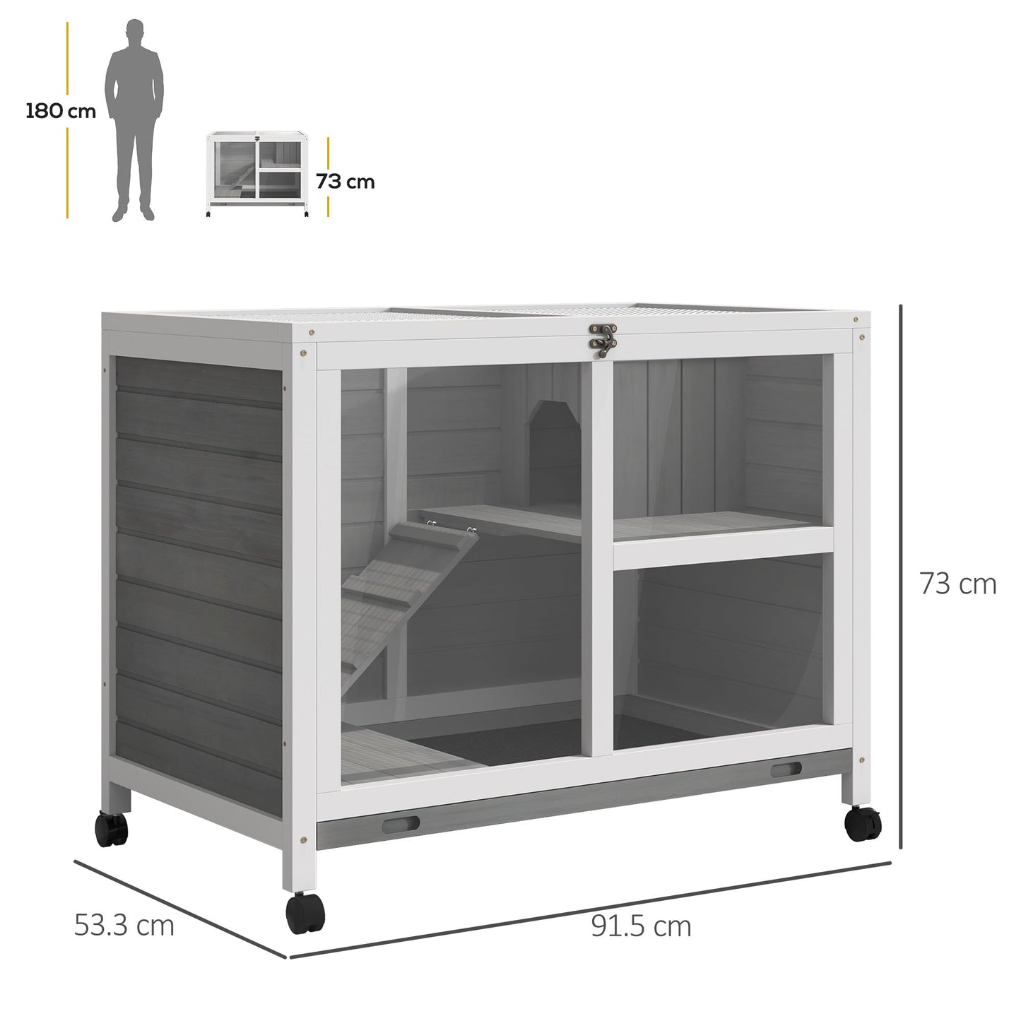 Rabbit Hutch Indoor Wooden Guinea Pig House Hamster Cage with Wheels, 2 Layers Bunny Cage with Openable Roof, 91.5 x 53.3 x 73 cm, Grey