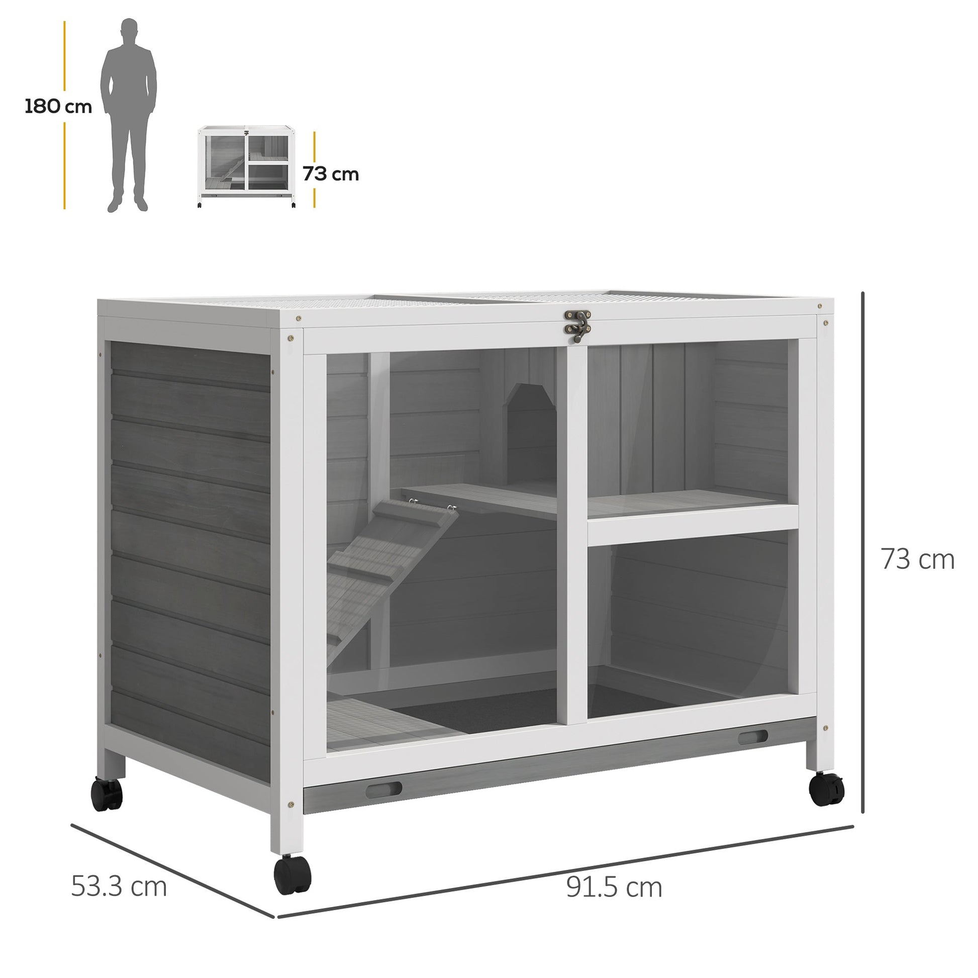 Rabbit Hutch Indoor Wooden Guinea Pig House Hamster Cage with Wheels, 2 Layers Bunny Cage with Openable Roof, 91.5 x 53.3 x 73 cm, Grey