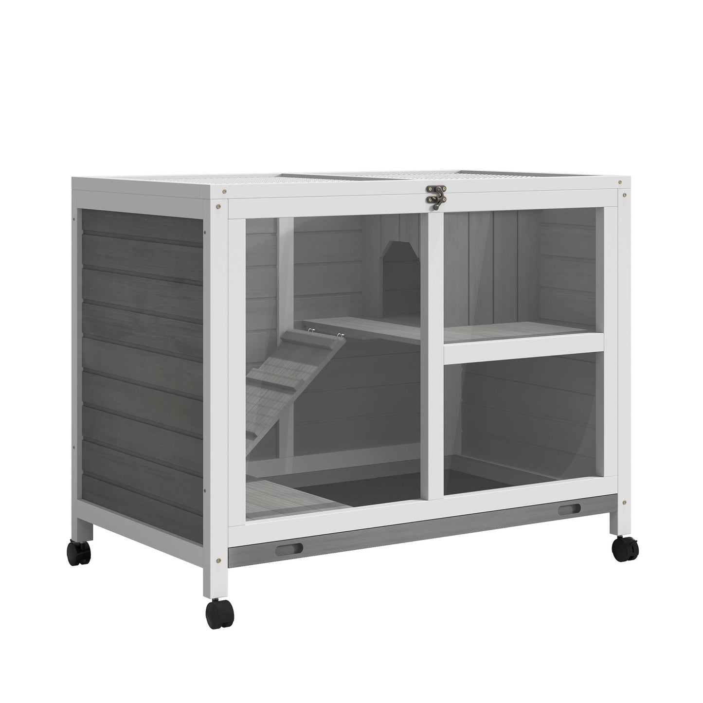 Rabbit Hutch Indoor Wooden Guinea Pig House Hamster Cage with Wheels, 2 Layers Bunny Cage with Openable Roof, 91.5 x 53.3 x 73 cm, Grey