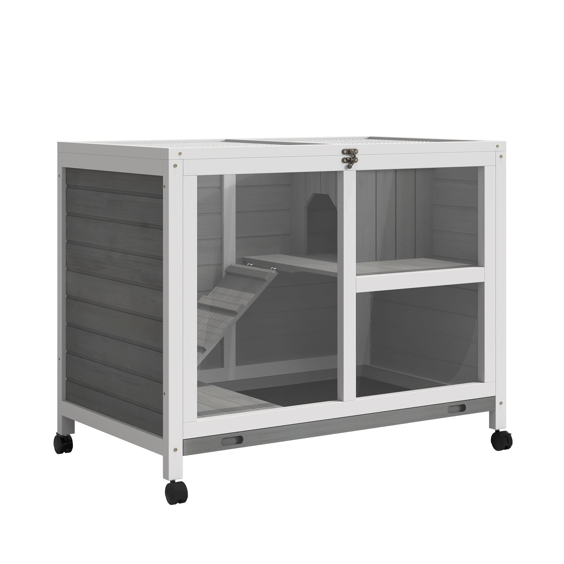 Rabbit Hutch Indoor Wooden Guinea Pig House Hamster Cage with Wheels, 2 Layers Bunny Cage with Openable Roof, 91.5 x 53.3 x 73 cm, Grey