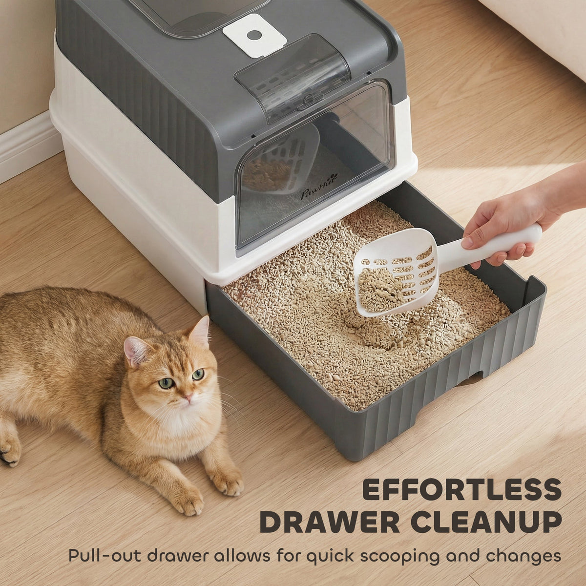 Cat litter Box with Lid, Enclosed Cat Litter Box with Pull-Out Drawer Tray, Scoop, 4 Deodorisation Bags, Front Entry & Top Exit, Privacy, Odour Control and Easy to Clean, Grey