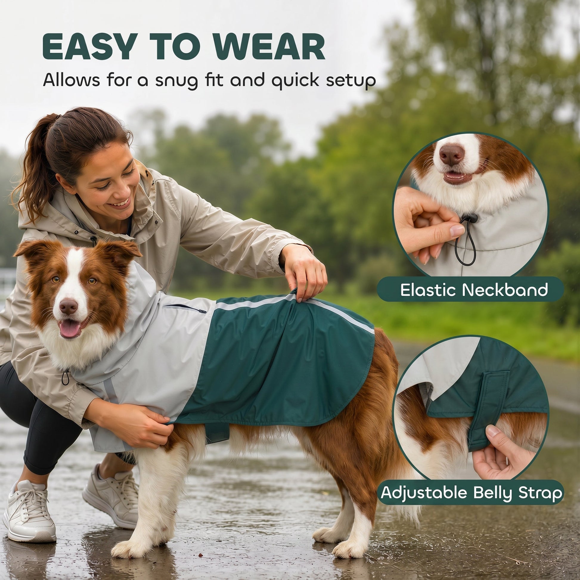 Dog Raincoat with Hood, Waterproof & Breathable Rain Jacket with Reflective Strips and Leash Hole, Adjustable Poncho for Medium Dogs, 15-20 KG Available, Green, M