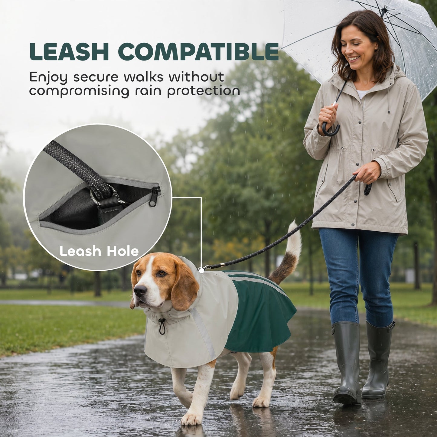 Dog Raincoat with Hood, Waterproof & Breathable Rain Jacket with Reflective Strips and Leash Hole, Adjustable Poncho for Medium Dogs, 15-20 KG Available, Green, M