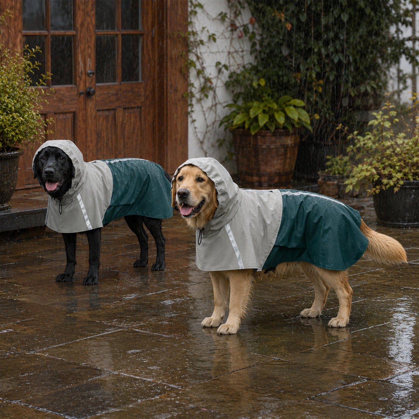 Dog Raincoat with Hood, Waterproof & Breathable Rain Jacket with Reflective Strips and Leash Hole, Adjustable Poncho for Large Dogs, 20-30 KG Available, Green, L