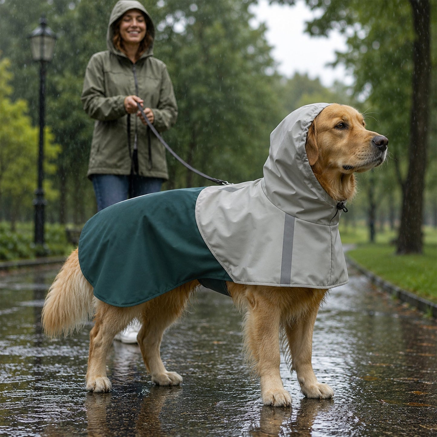 Dog Raincoat with Hood, Waterproof & Breathable Rain Jacket with Reflective Strips and Leash Hole, Adjustable Poncho for Large Dogs, 20-30 KG Available, Green, L