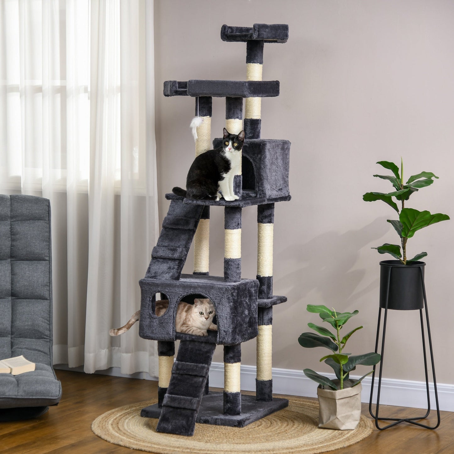 Cat Tree for Indoor Cats, 173cm Cat Tower Scratching Post Tall Climbing Tower, Activity Centre House - Charcoal Grey