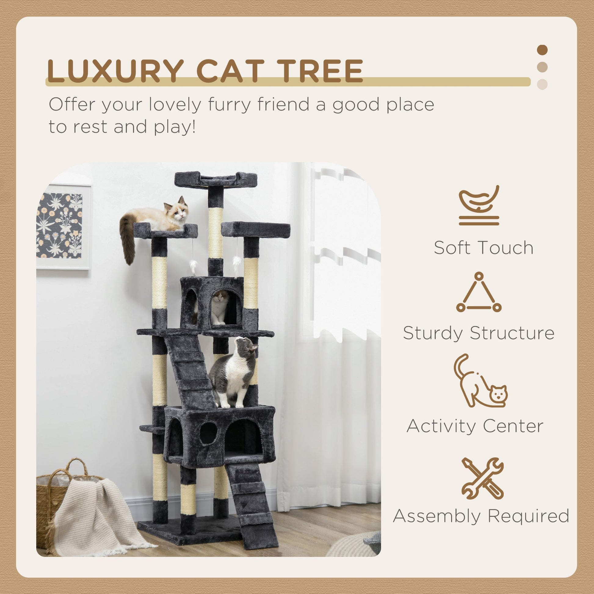 Cat Tree for Indoor Cats, 173cm Cat Tower Scratching Post Tall Climbing Tower, Activity Centre House - Charcoal Grey
